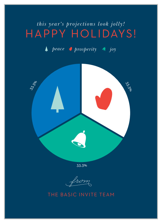 Break down and display your holiday cheer in our clearly defined Holiday Pie Chart Corporate Holiday Cards. Festive reds and whites stand out brightly against the dark blue background, spelling out your holiday message in a high-contrast design, while a beautiful pie chart illustrates what makes Christmas so special.