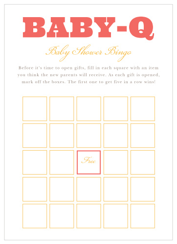 Our illustrated Cozy Cookout Baby Shower Bingo is a perfect game for a coed baby shower BBQ.