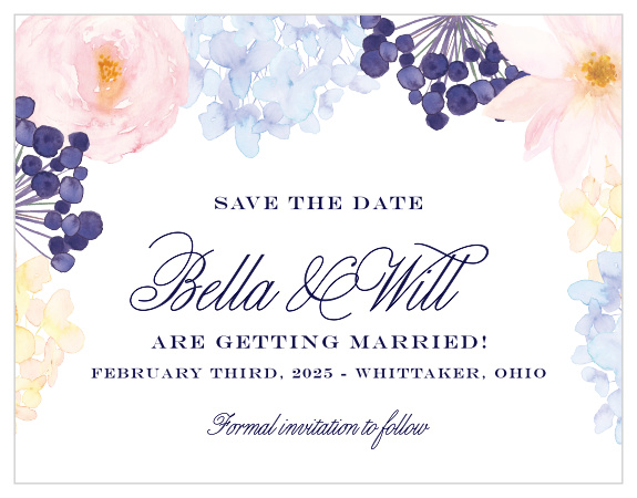 Give your guests the information they need months in advance with our stunning Pastel Watercolors Save-the-Date Magnets. Swirling calligraphy, classic prints, and an ensemble of pastel florals cover the page, demanding special attention for your special day.