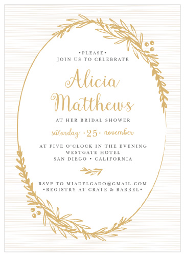 Frame your beautiful invitation in a delicately foiled wreath with the Golden Laurel Bridal Shower Invitations. 