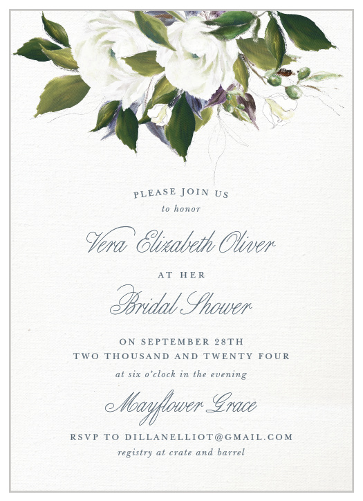 The Blooming Elegance Bridal Shower Invitations are a vintage marvel, with a canvas background topped with painted blooms and elegant script. 