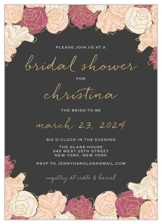 Stunning, multi-colored rose blooms with gold foiled accents adorn the edges of the Shining Blooms Bridal Shower Invitations.