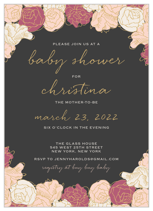 Stunning, multi-colored rose blooms with gold foiled accents adorn the edges of the Shining Blooms Baby Shower Invitations. 