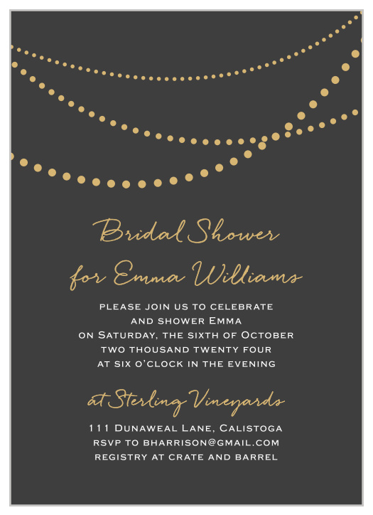 With a string of shining pearls decorating the top of our Golden Pearls Bridal Shower Invitations, you can be sure that they immediately catch your guests' eyes.