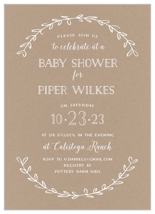 Simple laurels frame your text on the Rustic Laurel Baby Shower Invitations.
