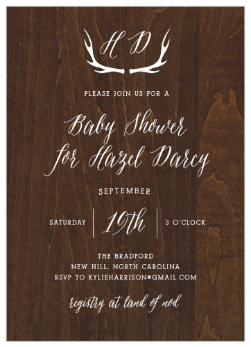 Invite those dearest to you with the deer antler illustrations of our Woodgrain Antlers Baby Shower Invitations. The deep, beautiful browns of this woodgrain background create a stunning contrast for the bright white of your text- guaranteeing that your cards are as easy to read as they are to love.