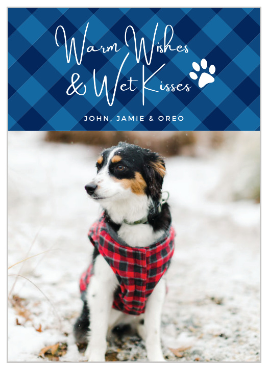 Share your holiday joy with our pet-focused Puppy Kisses Holiday Cards. A beautiful calligraphy spells out your holiday greetings in white against the blue plaid background, while your favorite photo of your four-legged friend decorates the bottom portion of the card.