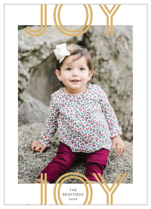 Your favorite family photo is gently cradled by the bold duo of "JOY" words on our Stacked Joy Christmas Cards. With their lettering in brightly shining gold-foil and your family name in a simple black print, these cards are sure to warm the hearts of the people you care about most- no matter how cold the season gets.