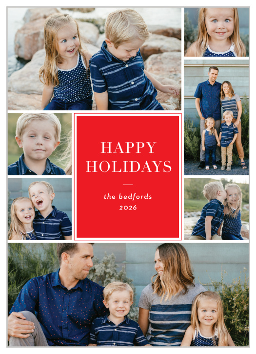 Our Holiday Collage Holiday Cards are filled with precious memories that your friends and family can enjoy. With seven slots for photos and a bold red center with your holiday greeting in a clean-cut text, you can say everything you could ever need to.