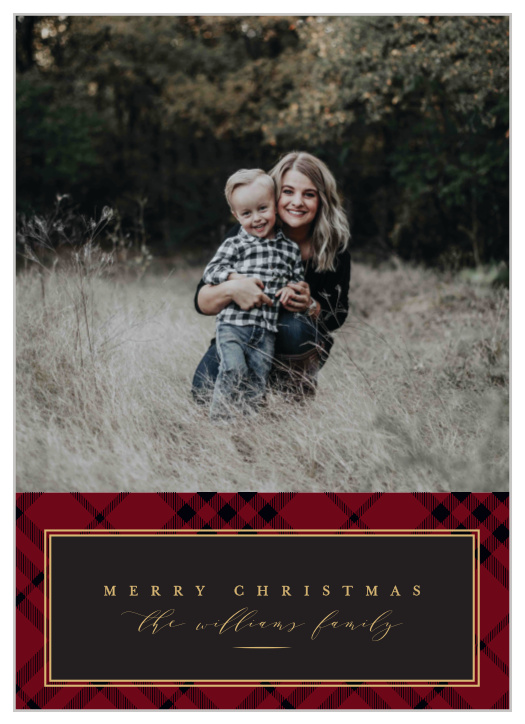 Our Country Club Christmas Cards are styled traditionally with a red and black plaid background, topped by a rich black text area that is dressed up with a gold foiled border. 