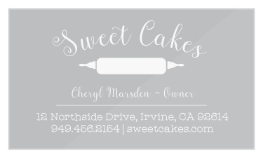 Our Sweet Shop Clear Business Cards feature a curving, curly calligraphy that states the name of your business, followed by a rolling pin.