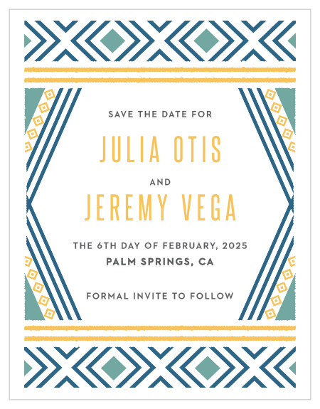Give your guests the advance notice they need to attend your wedding with our stylish Bohemian Beach Save-the-Date Cards. Beautiful geometric designs swirl around the exterior of the card, forming shapes out of a trio of bright colors, while every important detail of your wedding day is shared in an easy to read print.