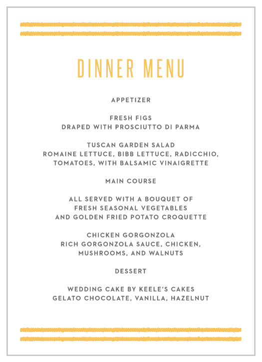Bohemian Beach Wedding Menus turn meal dreams into a mouthwatering reality. Bright yarrow text and a double-duo of bold lines form the top and bottom borders of the page, leaving your guests' meal options to be spelled out in an easy to read print. 