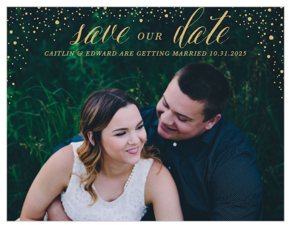 Our Gothic Halloween Save-the-Date Cards feature a smattering of gold-foiled lights that raise off of your engagement photo.