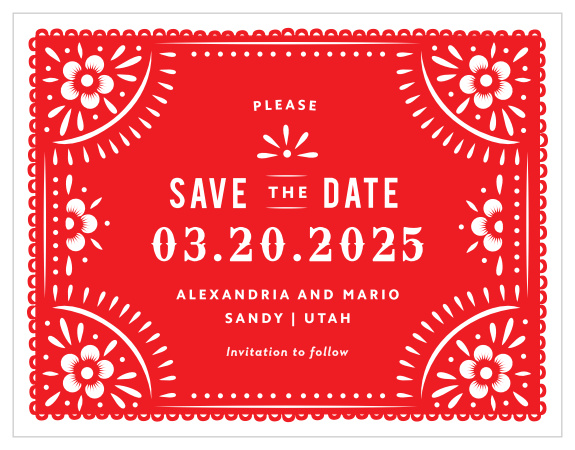 The vibrant red of our Papel Party Save-the-Date Magnets ensures that your wedding day is as unforgettable as the magnets themselves. Neat prints spell out every detail of your matrimonial day, surrounded by floral illustrations and carefully careless swirls for a festive appearance. 