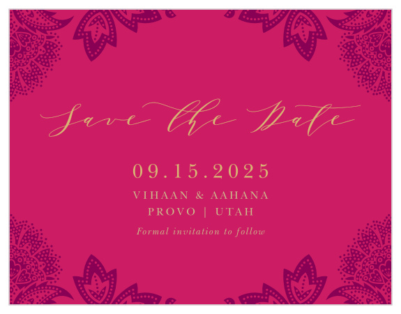 Give your guests the advance notice they need with our gorgeous Indian Henna Save-the-Date Magnets.