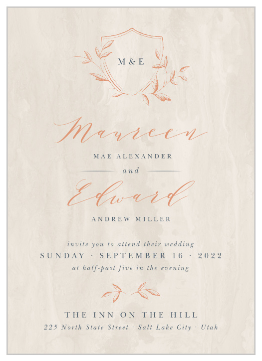 On a rustic, woodgrain-inspired background and filled with swirling foil and simple prints in deep-blue, our Woodland Monogram Wedding Invitations offer irresistible style and unending utility. Botanical designs top the page, forming the subtle outline of a shield containing your initials, while a duo of typefaces and colors carry the specifics of your wedding day for your guests.
