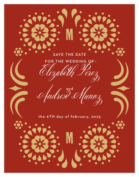 Spanish-styled, floral decorations adorn the borders of our Spanish Garden Save-the-Date Magnets.