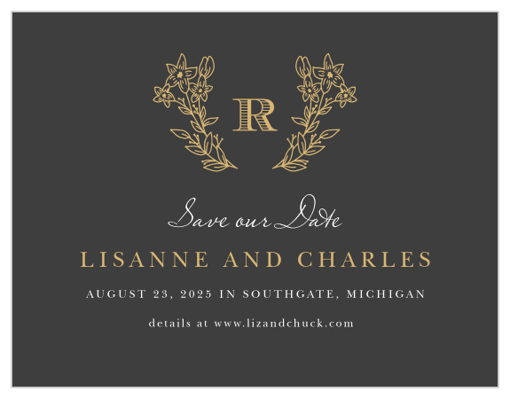 Ensure that your big day is as unforgettable for your guests as it is for yourselves with our Dark Monogram Save-the-Date Cards. Floral illustrations bloom on either side of your initial along the top of the card, each line in a delicate, shining gold-foil to match your names below, before every detail of your wedding day is shared in subtle white typefaces.