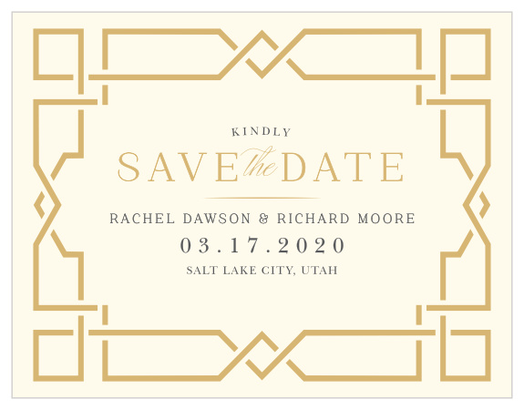 Give your guests the advance notice they need in the beautiful style you want with our Emerald Border Save-the-Date Magnets. Featuring a lovely cream background, bright gold-foil and classic black text, and intricate bordering in the shape of an abstracted gemstone, these magnets are a lovely addition to your wedding preparations.
