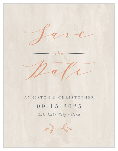 Woodland Monogram Save-the-Date Magnets are an unforgettable way to give your guests the advance notice they need. Title your magnet in an elegant, swirling calligraphy that shines brightly in rose-gold foil just above the general details of your wedding day- each of which is written in a subtle granite-blue against the patterned pearl background. With a pair of leaves below as a symbol of your own growth, these magnets are a perfect reminder of your big day.