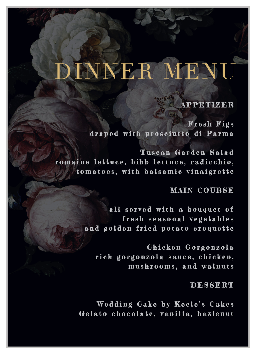 Moody Florals Wedding Menus