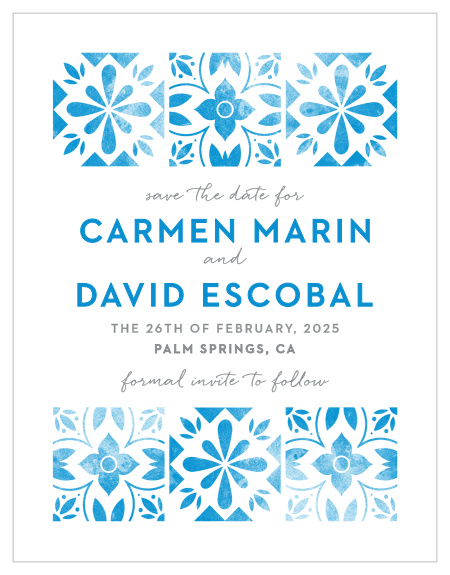 Worn, marina blue tile decorates our Mexican Tiles Save-the-Date Magnets. The tiles feature an aged, floral pattern, and frame your wedding details. 