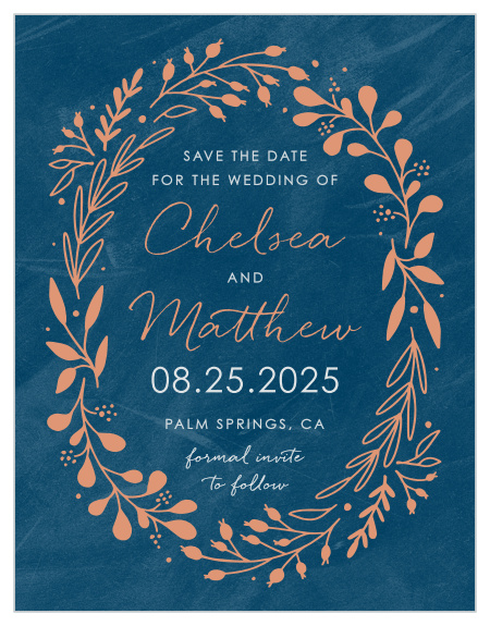 Give your guests the advance notice they need to be as prepared for your wedding day as you are with our Once Upon a Time Save-the-Date Cards. Stunning botanical illustrations encircle your text in a shining rose-gold foil, with your own names written in that same flowing shimmer, while every important detail of your wedding day is easy to read in white print. 