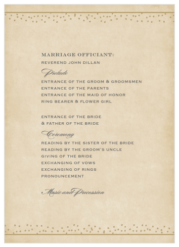 Describe every unforgettable moment and member of your wedding ceremony with the vintage design of our Antique Charm Wedding Programs.