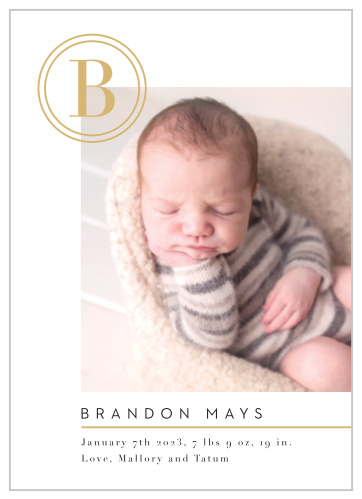 Let your loved ones know that your new baby boy has arrived healthy and handsome, with our sleek Baby Button Birth Announcements! 