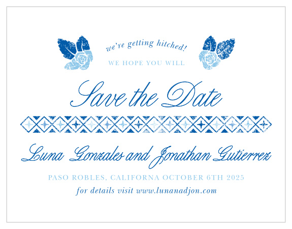 Make sure that your guests have marked your wedding day on their calendars with the unforgettable style of our Mexican Flowers Save-the-Date Cards. A combination of elegant calligraphy and neat type share every important detail of your wedding day, resplendent in blue and separated by a faded mosaic of enameled tile for a stunning look. With a crown of flowers to showcase your own blooming love, these cards will look lovely in the homes and hearts of your loved ones.