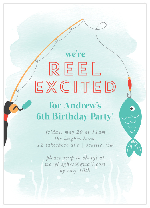 Get ready for a swimmingly good time with our Gone Fishing Children's Birthday Party Invitations.
