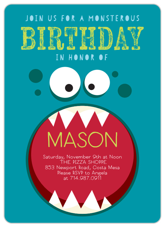 Provide the details of your little one's big party from within the mouth of the monster on our Monster Mash Children's Birthday Party Invitations. A light-green title stands out brightly against the blue of the monster background, announcing the purpose of the occasion before your guests dive into the depths of the monster's maw for the details they need. Bright, colorful, and unforgettably adorable, these cards make sure that all of your child's friends are there to celebrate.