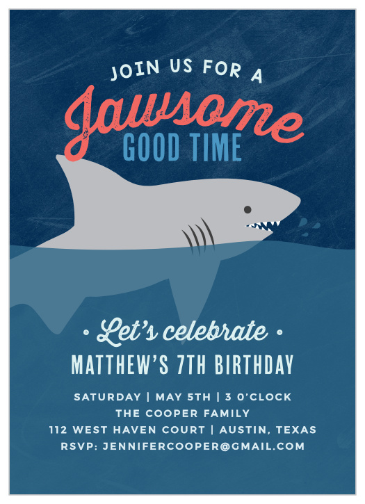 Sink your teeth into the illustrated depths of our Shark Week Children's Birthday Party Invitations. Spell out every single detail of your little one's big day in a trio of white- blue-, and blush-colored typefaces, each riding the waves alongside the shark in the water. 