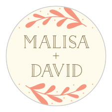 Our Rustic Fall Wedding Stickers are at once the first and final note of autumn elegance on your wedding decorations. Your own names are the core focus of the design, written delicately in pecan-colored lettering and encircled by a pair of arching orange leaves, a color combination that is an irresistible representation of the suite's namesake: rustic fall.