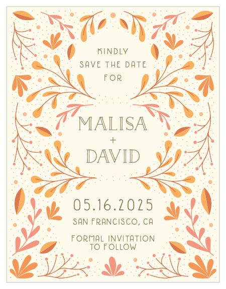 Guarantee that your guests mark their calendars well in advance with the gorgeous styling of our Rustic Fall Save-the-Date Magnets. Autumn Leaves fill the page in a vibrant harvest-orange, encircling every unforgettable detail of your wedding day. With each word written in a neat pecan-brown print against the cream background, there is not a more perfect way to give your guests the notice they need.