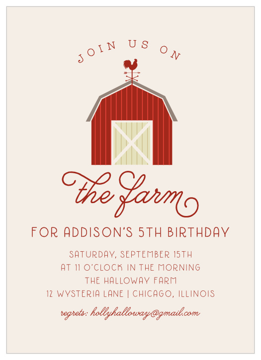 Host a visit to Old MacDonald with the classic styling of our On the Farm Children's Birthday Party Invitations. Deep, rustic-red text spells out every detail of your child's celebration in a mix of elegant calligraphy and simple type. With a larger-than-life barn decorating the center to reinforce your countryside themes, these lovely invitations are perfect for your party preparations.