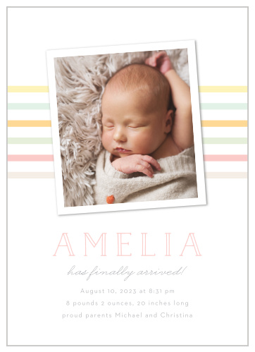 Our Striped Banner Birth Announcements inform family and friends that your little one has arrived.