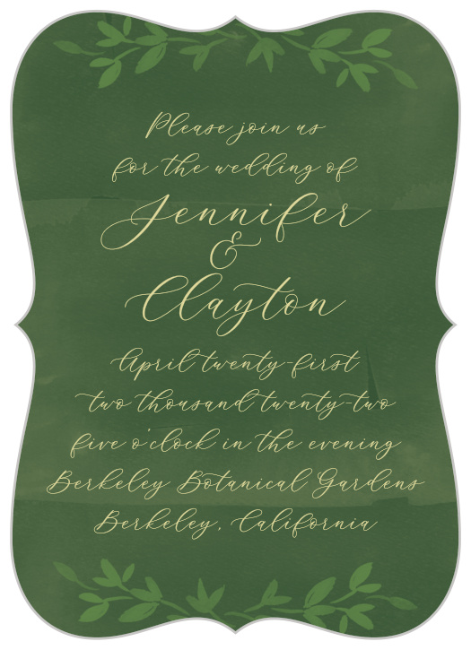 Light, lilting calligraphy fills the centers of every one of your Forest Fairytale Wedding Invitations, spelling out every lovely detail of your dance-filled wedding day. Arching leaves form an underline and crown around your text, tying in the soft green background to the forest-focused design elements that fill the rest of the page. With a light and airy, almost fairy-like appearance, these invitations are a perfect addition to your wedding-day preparations. 