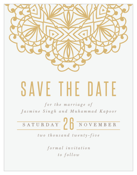 The golden foil design on our Golden Lace Save the Date Magnets is the perfect representation of the relationship between you and your partner! 