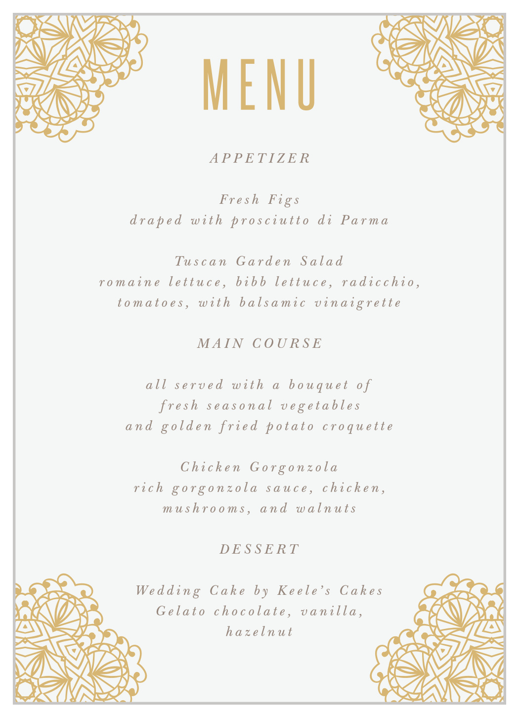 Golden Lace Wedding Menus