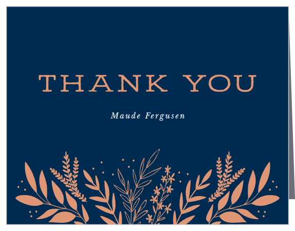 Our lovely Wild Fields Milestone Birthday Thank You Cards help you say everything you could ever need to. Bright and shining rose-gold foil spills across the page, forming your own message of gratitude as well as an array of sweetly blooming branches. With a background of rich navy-blue and plenty of space inside to write your own personalized message, these beautiful cards are sure to become the prized possessions of your friends and family.