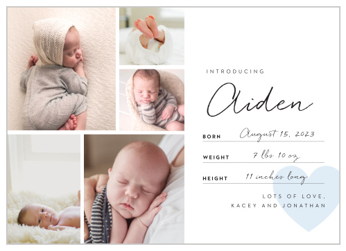 Can't pick just one photo of your newborn to announce their arrival? Choose five lovely photos of your little one to inform loved ones of your new family member with our Hello Baby Collage Birth Announcements.