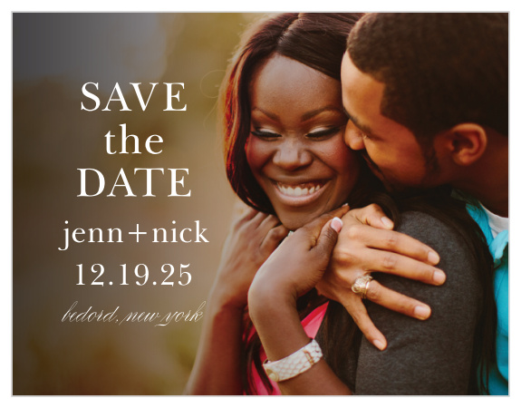 Show off your favorite engagement photo with loved ones as the background of our Sheer Overlay Save-the-Date Cards!