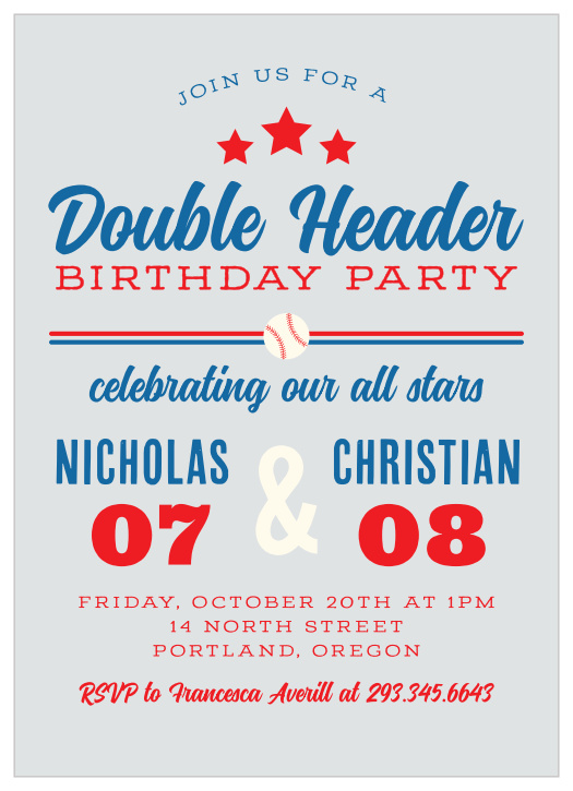 Whether it is a twin birthday or a shared birthday, you'll hit it out of the park with our Double Header Children's Birthday Party Invitations! 