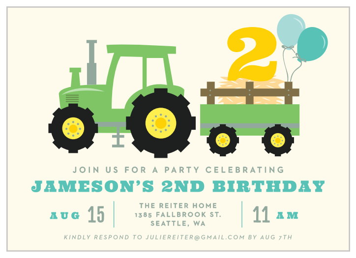 Make sure everyone's engines are roaring and ready and to go with the adorable illustrations of our Tractor Party Children's Birthday Party Invitations. Soft pastels fill the page, using a variety of colors to spell out every vital detail of your little one's big party in easy-to-read prints.