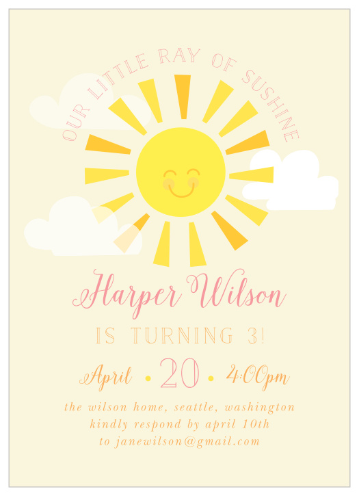 Celebrate your little ray of sunshine with our Ray of Sunshine Birthday Party Invitations! 