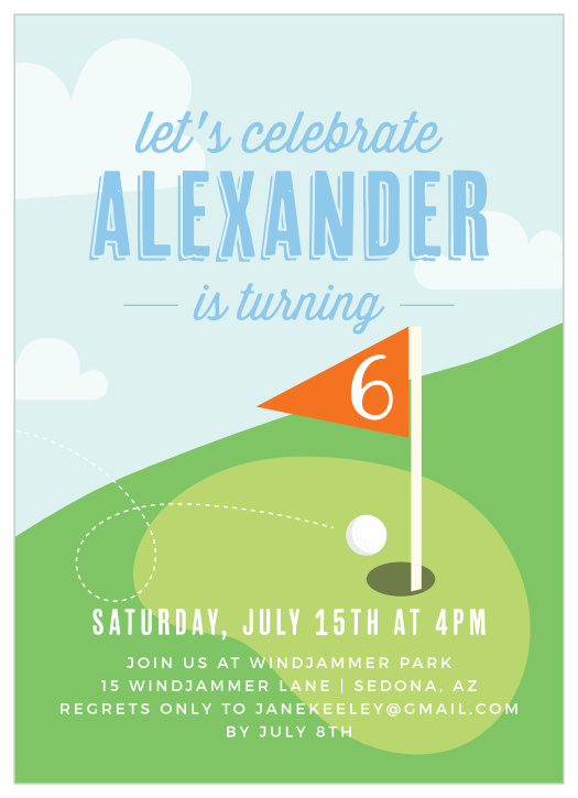 A lovely sunny day sets the scene for our Let's Golf Children's Birthday Party Invitations. 