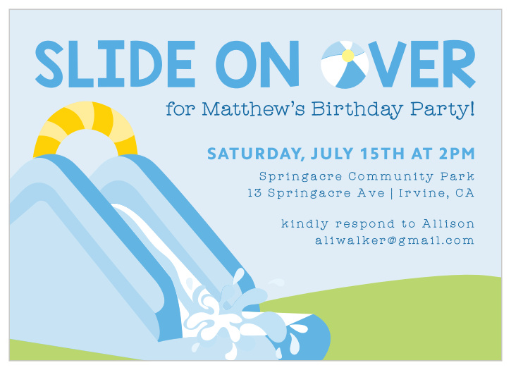 Our Water Slide Fun Children's Birthday Party Invitations features an illustration of a large blow up water slide, complete with splashing water. 