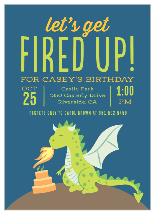 The Fired Up Dragon Children's Birthday Party Invitations feature a fun design and color scheme that will get your child's friends excited to celebrate! 